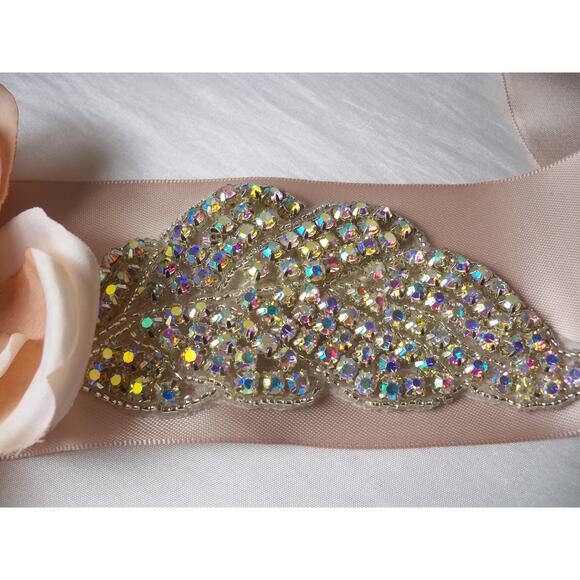 Blush AB Rhinestone Floral Appliqued Bridal Wedding MOB Prom Party Formal Belt - Picture 1 of 6